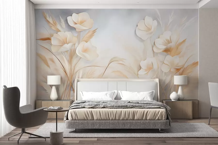 murales Flores blancas, juncos beige y hierba de la pampa, texturizado, elegante, estilo minimalista, fondo abstracto paisajístico w09490