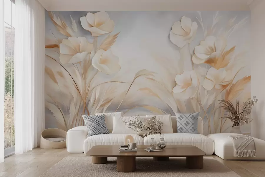 Wall Mural Photo Wallpaper White flowers, beige reeds and pampas grass, textured, elegant, minimalist style, landscape abstract background w09490