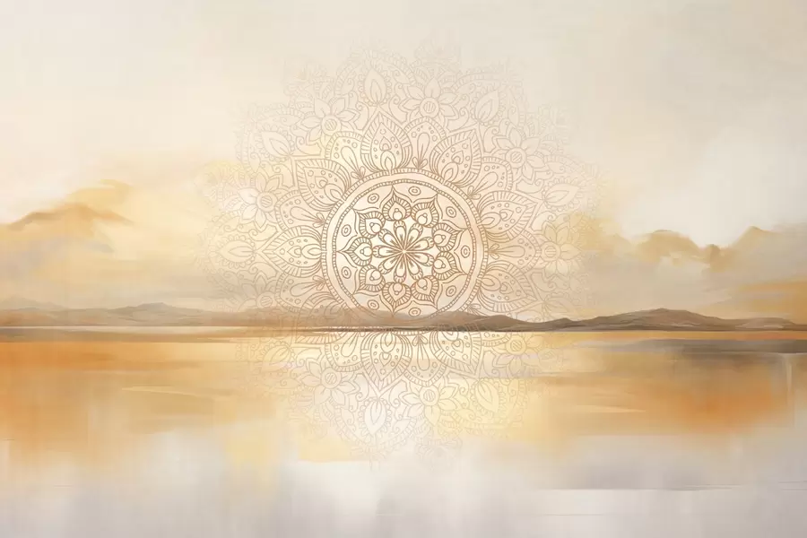 Wall Mural Photo Wallpaper Textured symmetrical mandala design overlaying a landscape with a sea, hills and sky, soft pastel colors w09491