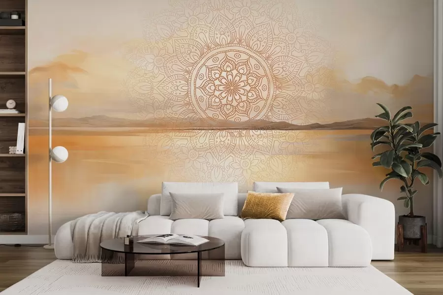 peintures murales Motif mandala symétrique texturé superposé à un paysage représentant la mer, des collines et le ciel, dans des couleurs pastel douces w09491