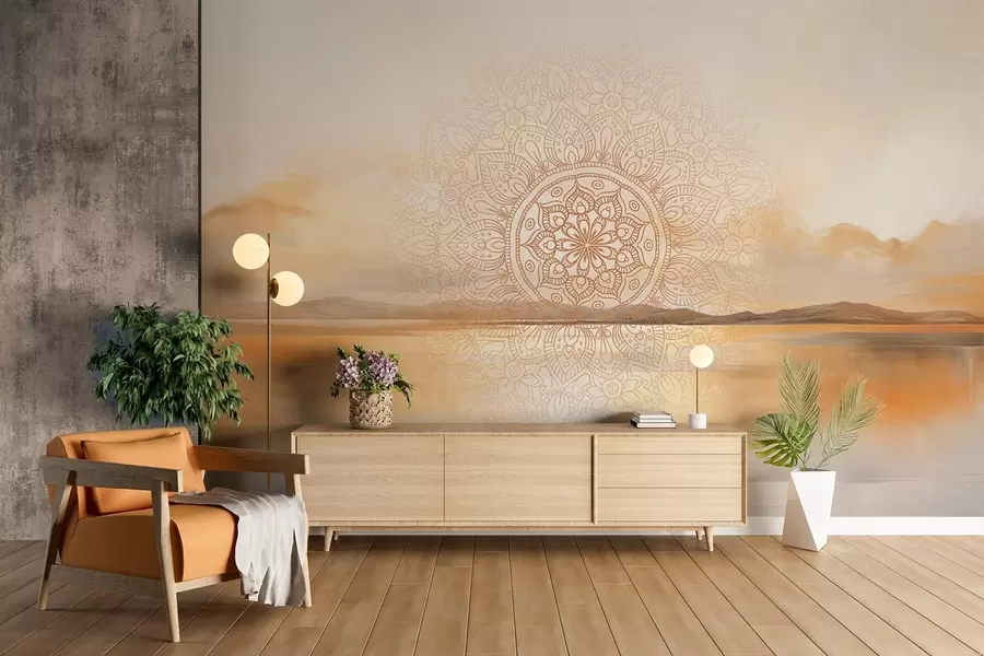wall murals Textured symmetrical mandala design overlaying a landscape with a sea, hills and sky, soft pastel colors w09491