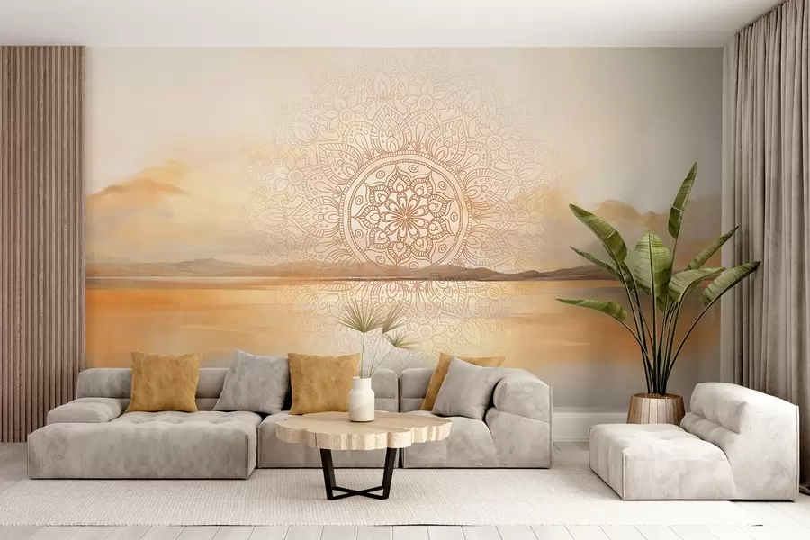 Wall Mural Photo Wallpaper Textured symmetrical mandala design overlaying a landscape with a sea, hills and sky, soft pastel colors w09491