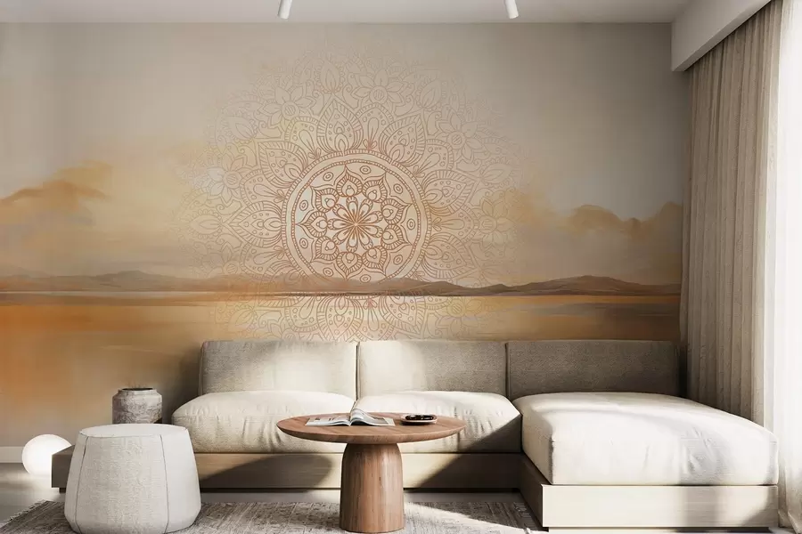 murales Diseño mandala simétrico con textura superpuesto a un paisaje con mar, colinas y cielo, en suaves colores pastel w09491