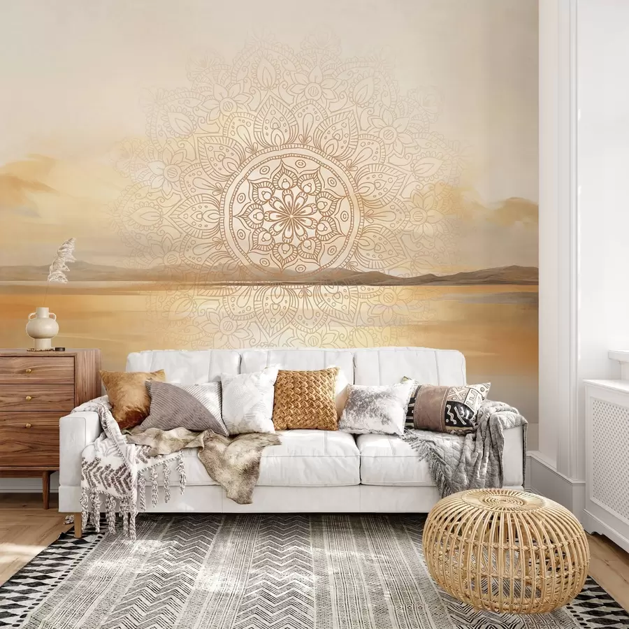 Wall Mural Photo Wallpaper Textured symmetrical mandala design overlaying a landscape with a sea, hills and sky, soft pastel colors w09491