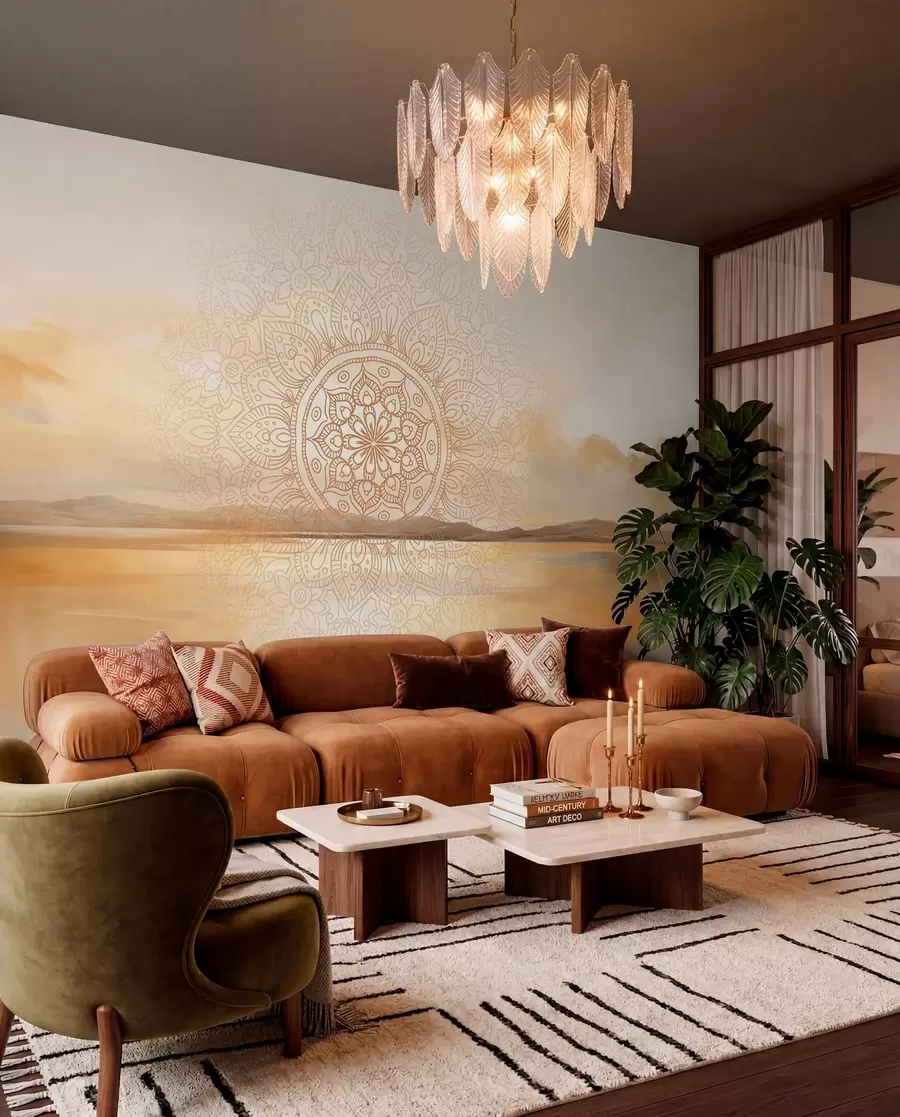 Wall Mural Photo Wallpaper Textured symmetrical mandala design overlaying a landscape with a sea, hills and sky, soft pastel colors w09491