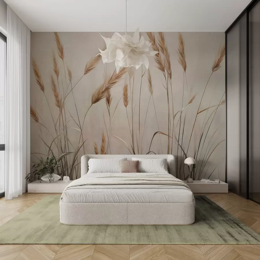 Wall Mural Photo Wallpaper Wheat textured field with yellow ears of grain, beige background, natural lighting, warm tones, detailed brushstrokes w09493