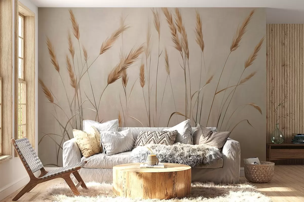 wall murals Wheat textured field with yellow ears of grain, beige background, natural lighting, warm tones, detailed brushstrokes w09493
