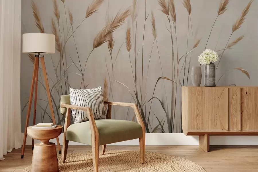 Wall Mural Photo Wallpaper Wheat textured field with yellow ears of grain, beige background, natural lighting, warm tones, detailed brushstrokes w09493