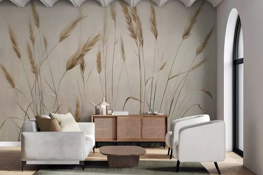 murales Campo con textura de trigo con espigas amarillas, fondo beige, iluminación natural, tonos cálidos, pinceladas detalladas w09493