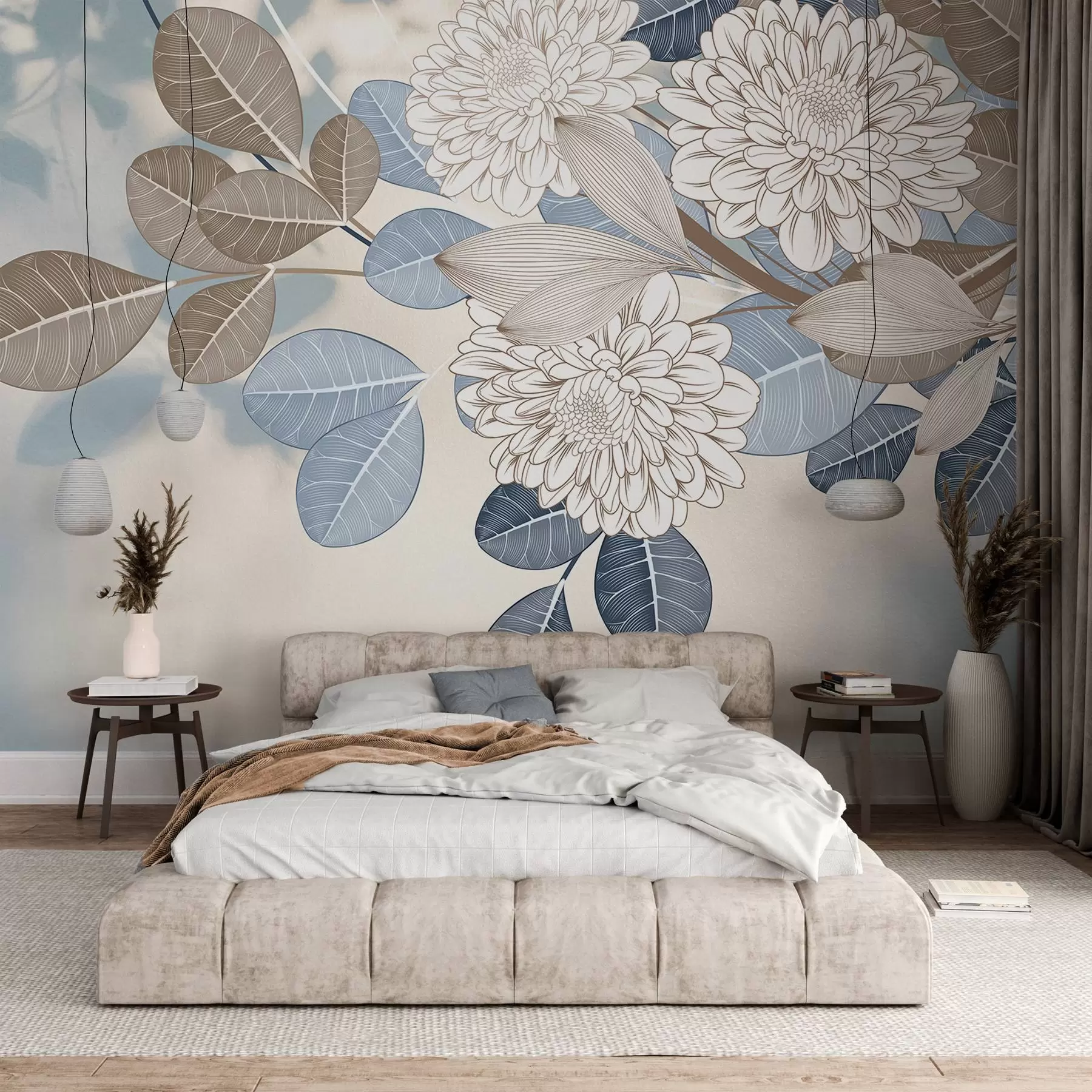 wall murals White flowers with blue and brown leaves, light blue textured background, floral arrangement , detailed line art w09496