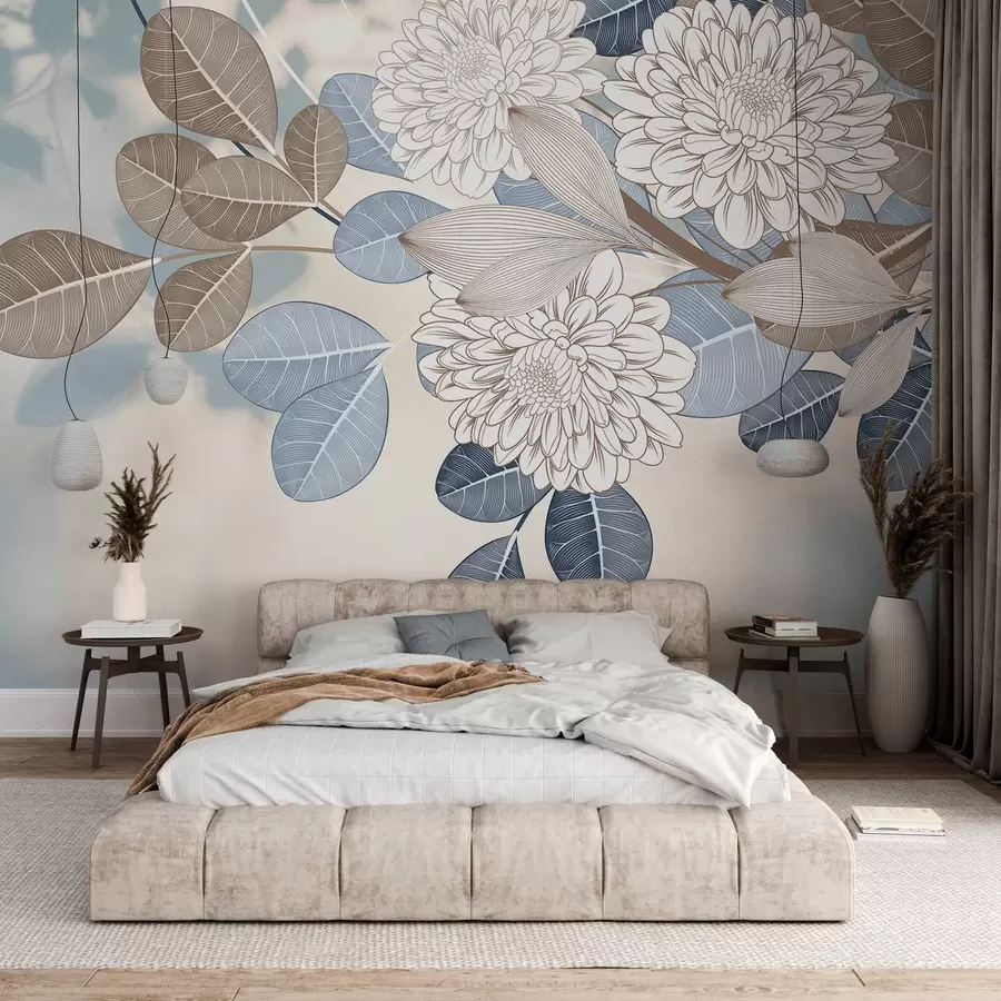 Wall Mural Photo Wallpaper White flowers with blue and brown leaves, light blue textured background, floral arrangement , detailed line art w09496