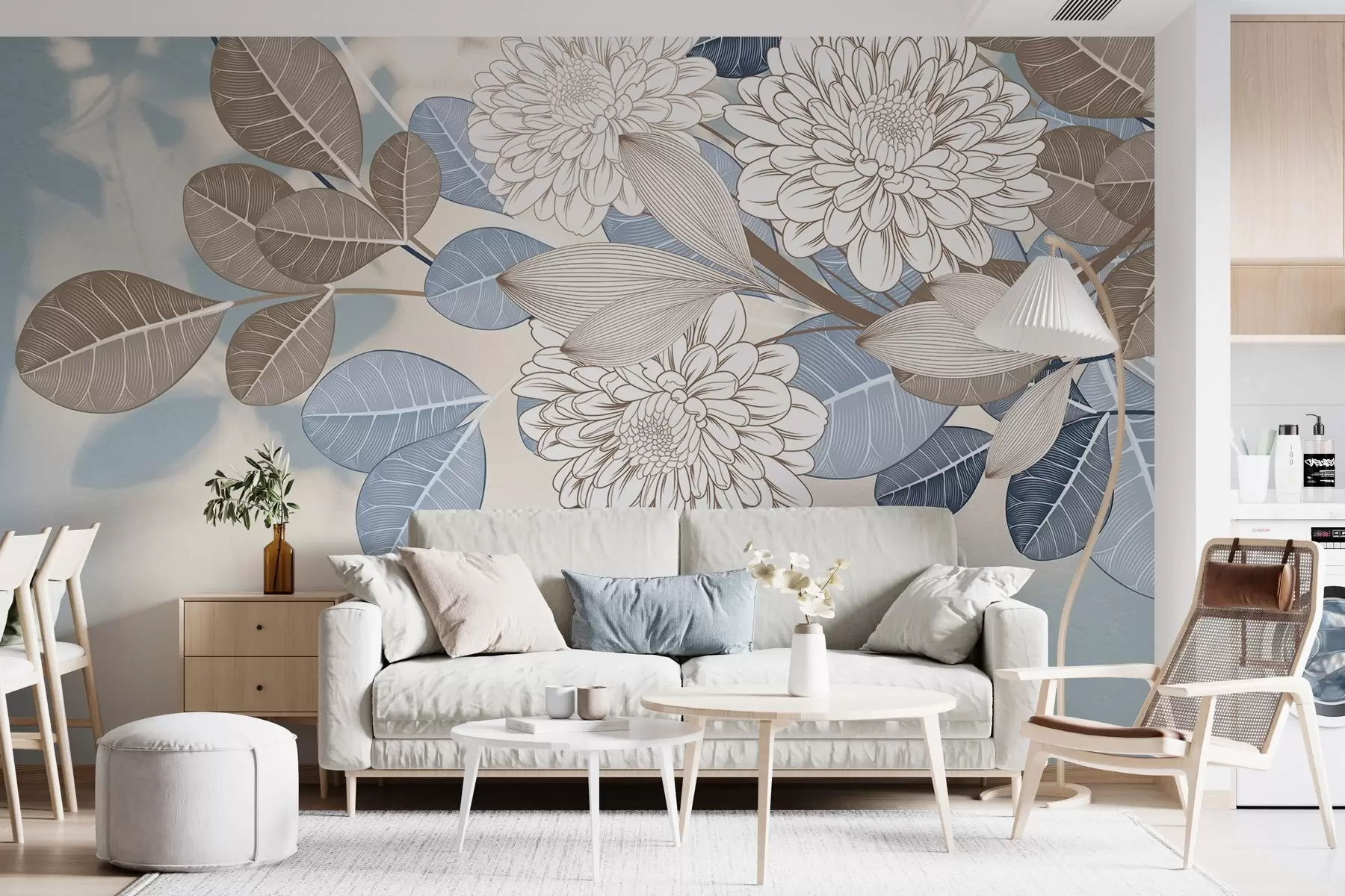wall murals White flowers with blue and brown leaves, light blue textured background, floral arrangement , detailed line art w09496