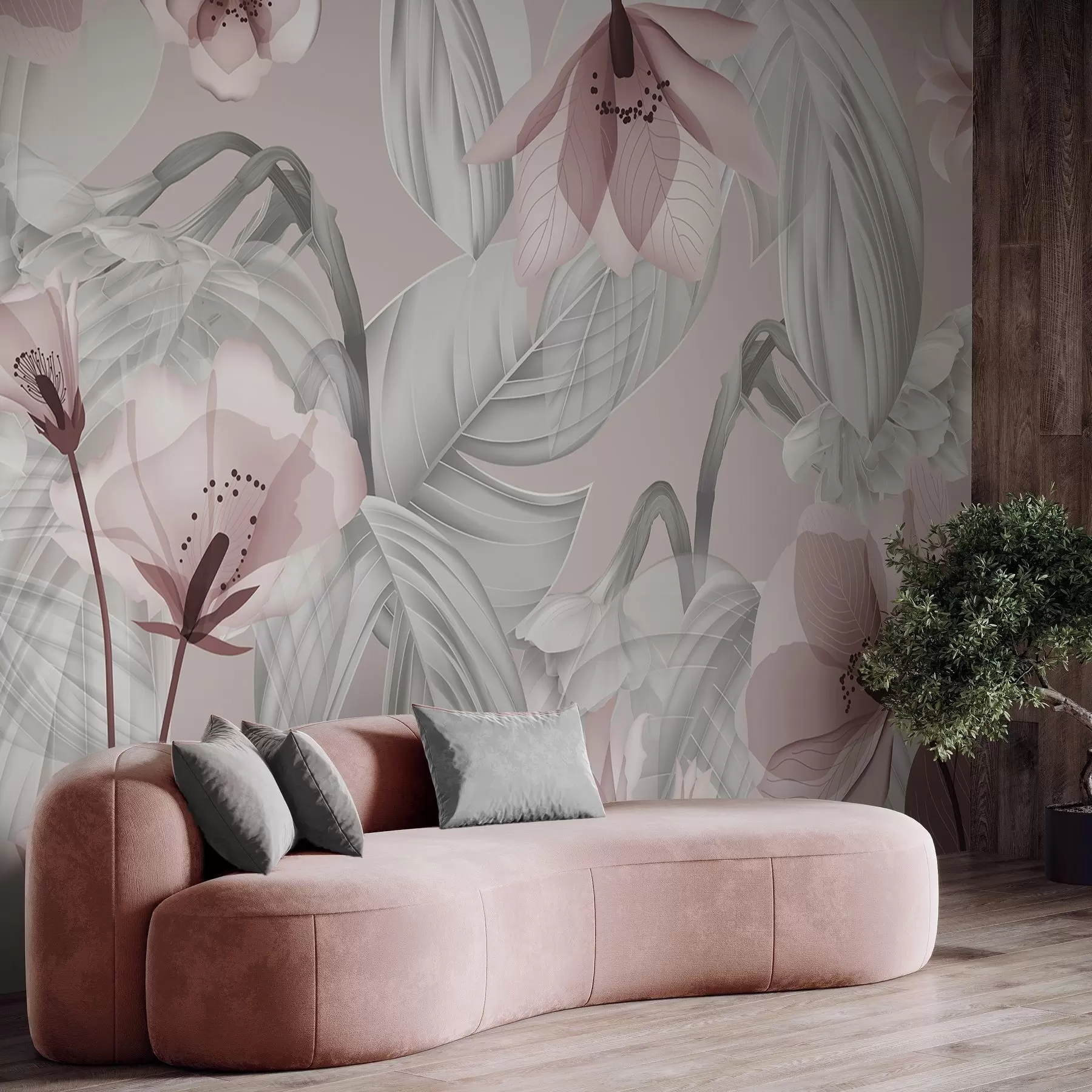wall murals Pink flowers and grey leaves, floral botanical background, elegant design, soft colors, light delicate details w09497