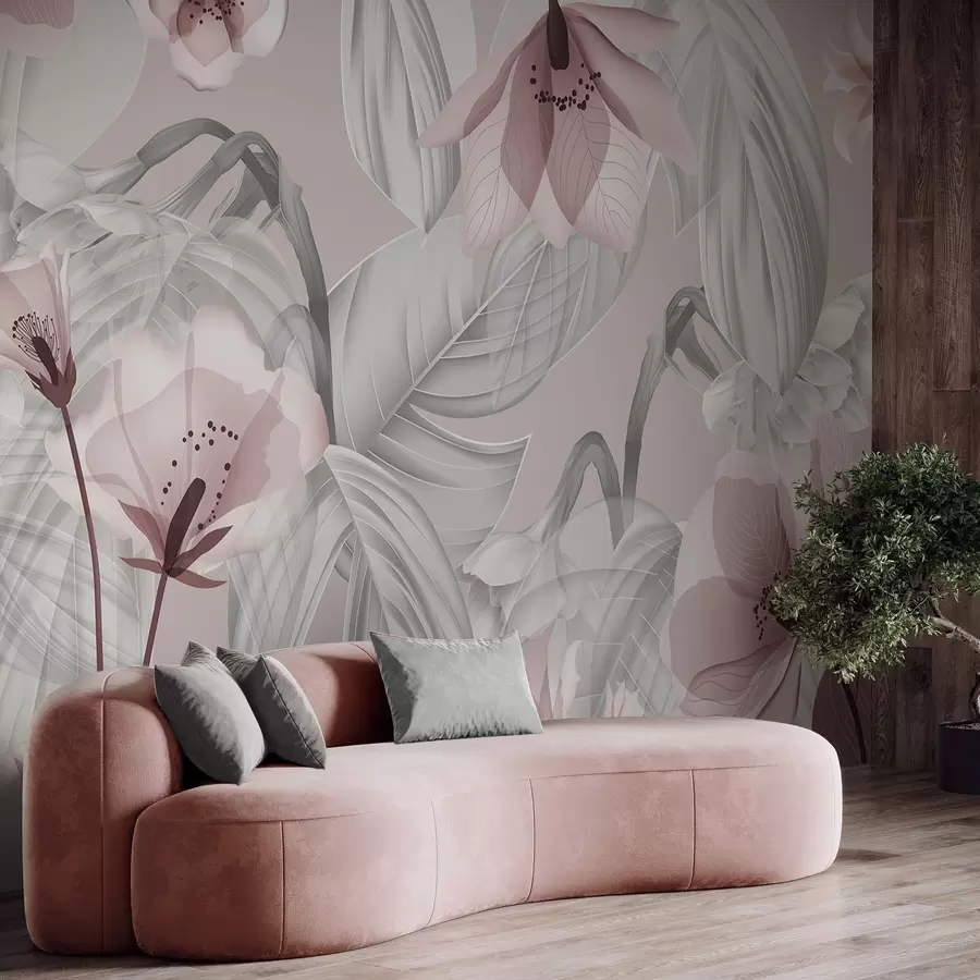 Wall Mural Photo Wallpaper Pink flowers and grey leaves, floral botanical background, elegant design, soft colors, light delicate details w09497