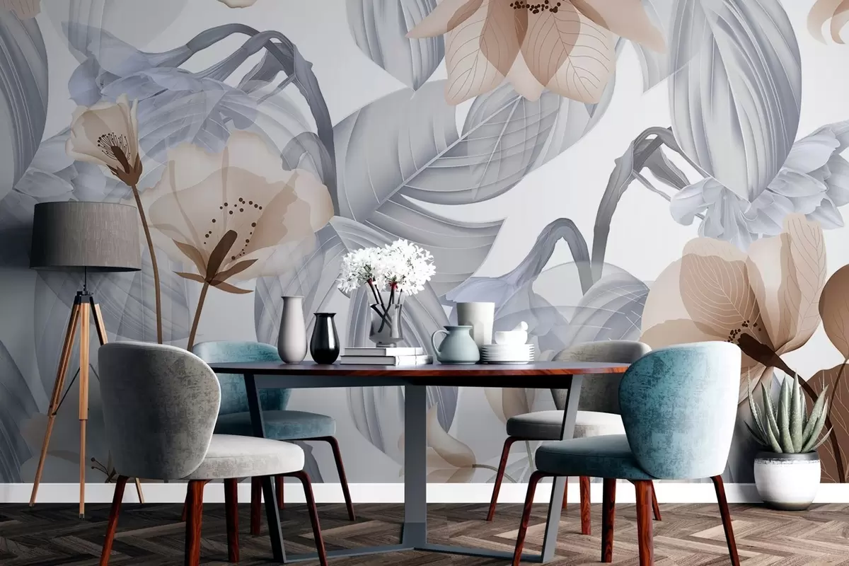 wall murals Brown flowers and grey leaves, floral botanical background, elegant design, soft colors, light delicate details w09497v1