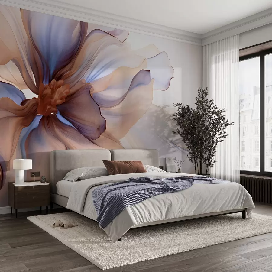 Wall Mural Photo Wallpaper Detailed large textured flower with white, blue and brown petals, on white background w09498