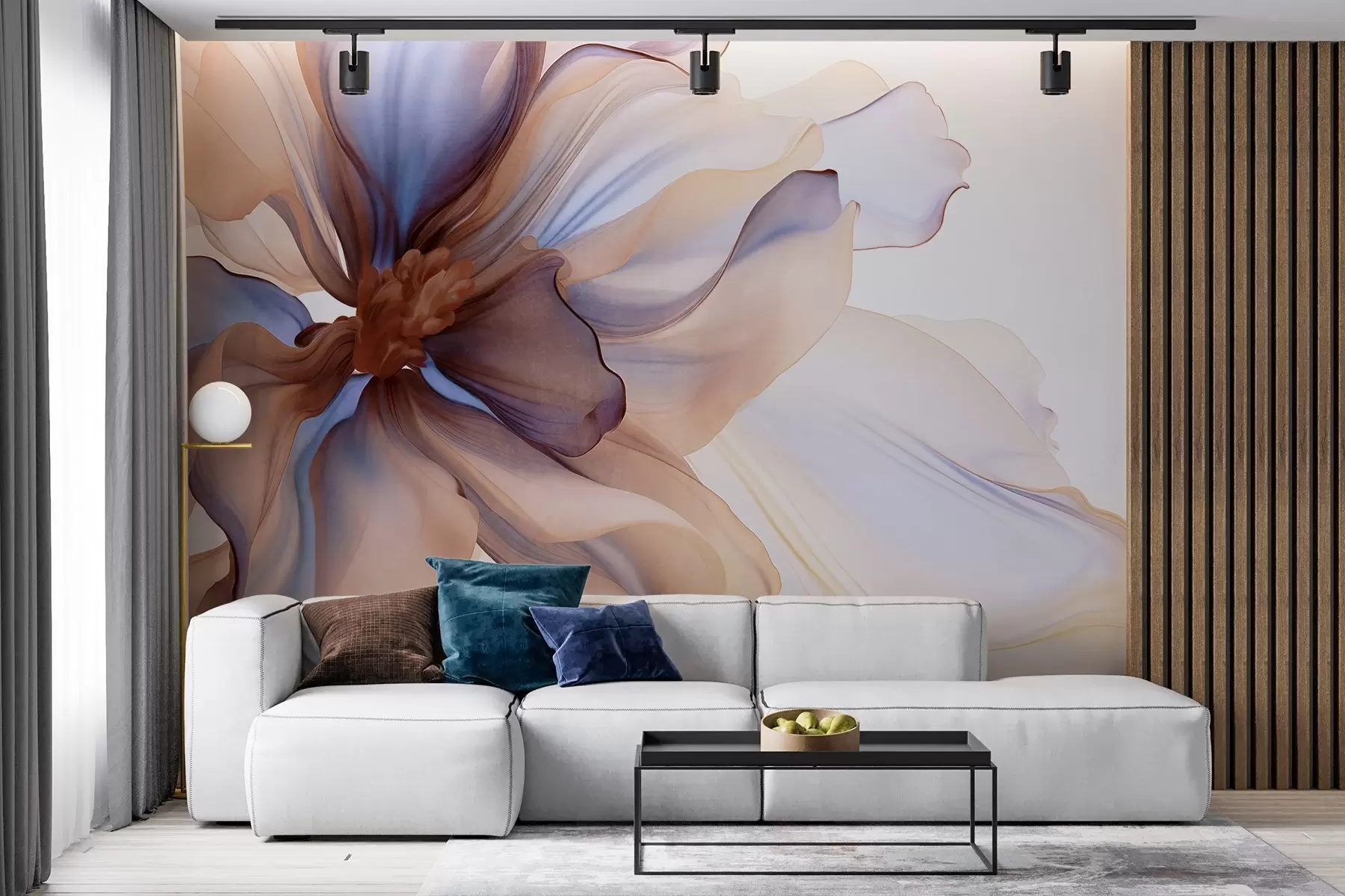 Wall Mural Photo Wallpaper Detailed large textured flower with white, blue and brown petals, on white background w09498