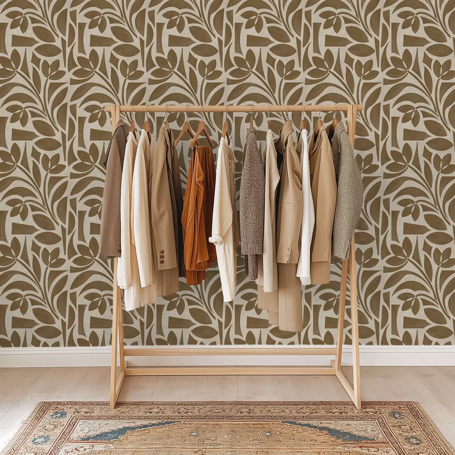 Wall Mural Photo Wallpaper Geometric leaf silhouettes, caramel-brown on beige a00679