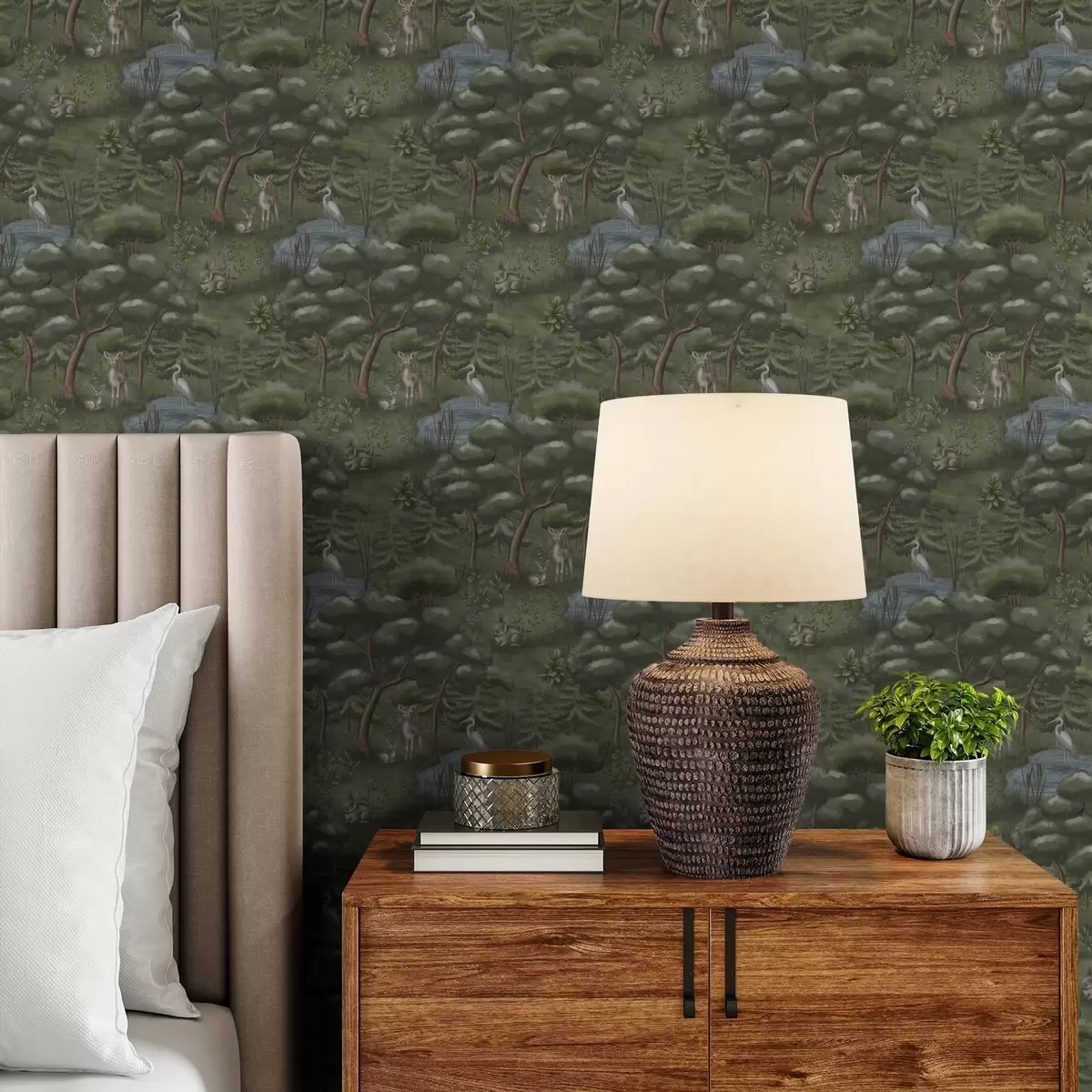 Papier peint Clairière avec faons, lapins et hérons a00680