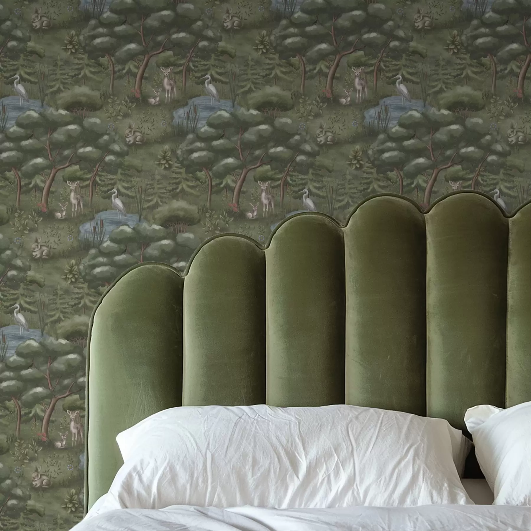 Wall Mural Photo Wallpaper Forest glade with fawns, rabbits and herons a00680