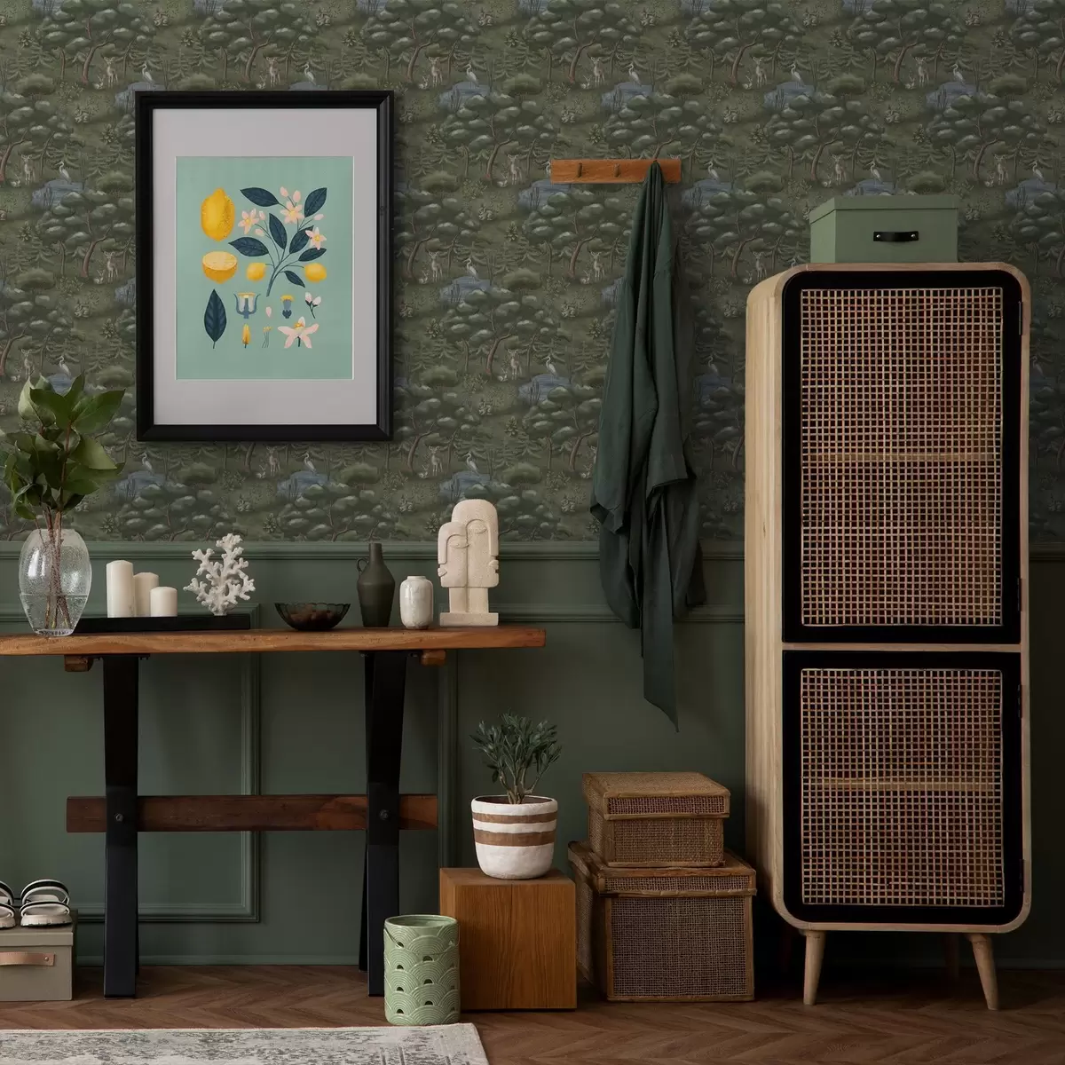 Wallpaper Forest glade with fawns, rabbits and herons a00680