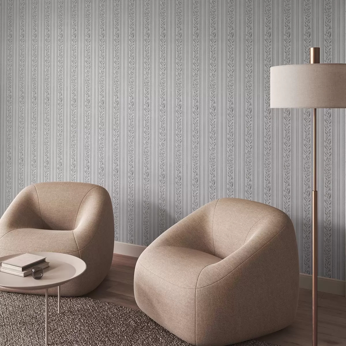 Papel pintado Rayas con encaje y ramitas en blanco frío a00814v1