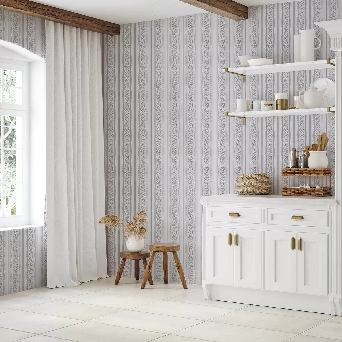 Wallpaper Stripes with lace and sprigs on cool white a00814v1