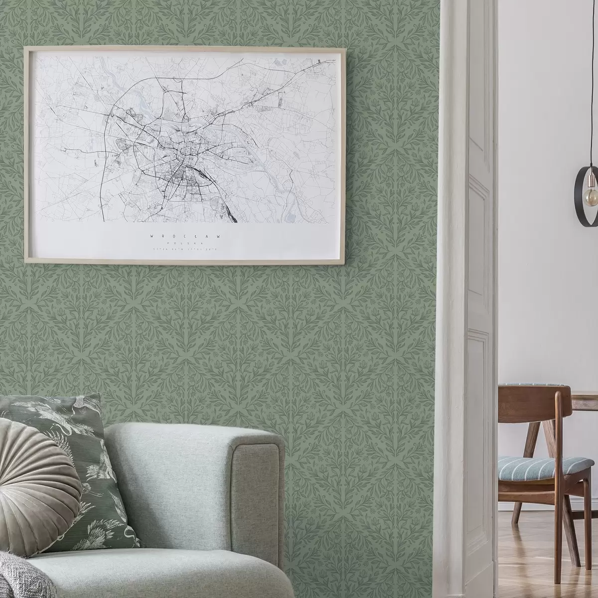 Wallpaper Fine botanical damask in muted green a00815v1