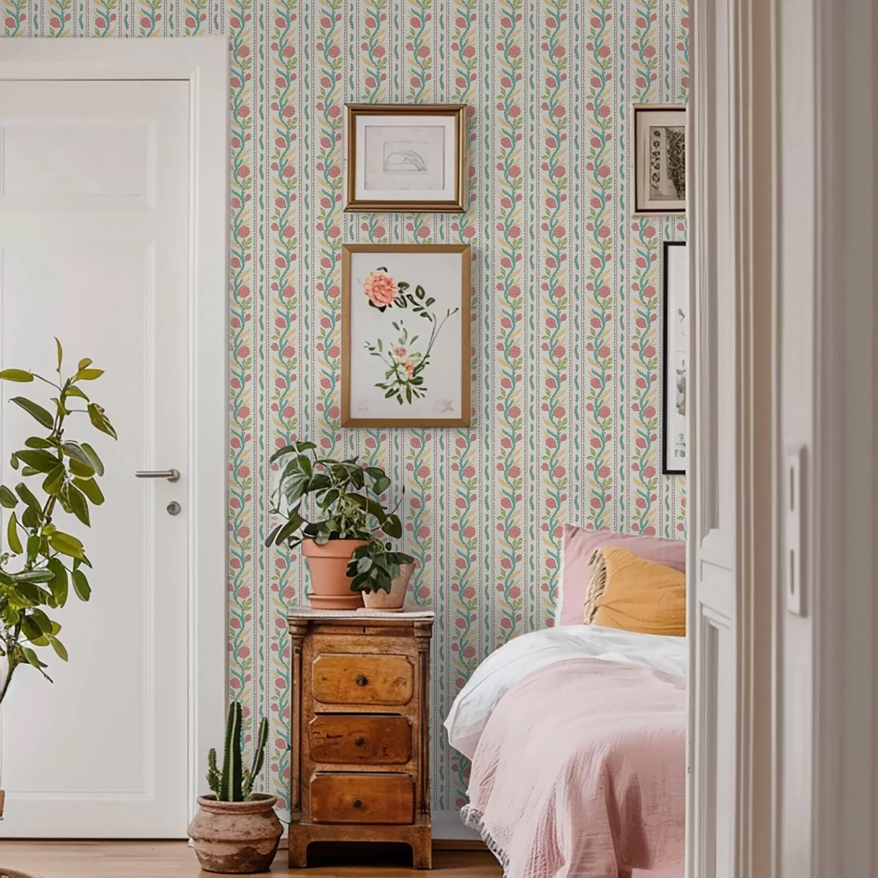 murales Rayas con capullos de coral sobre fondo crema claro a00816v1