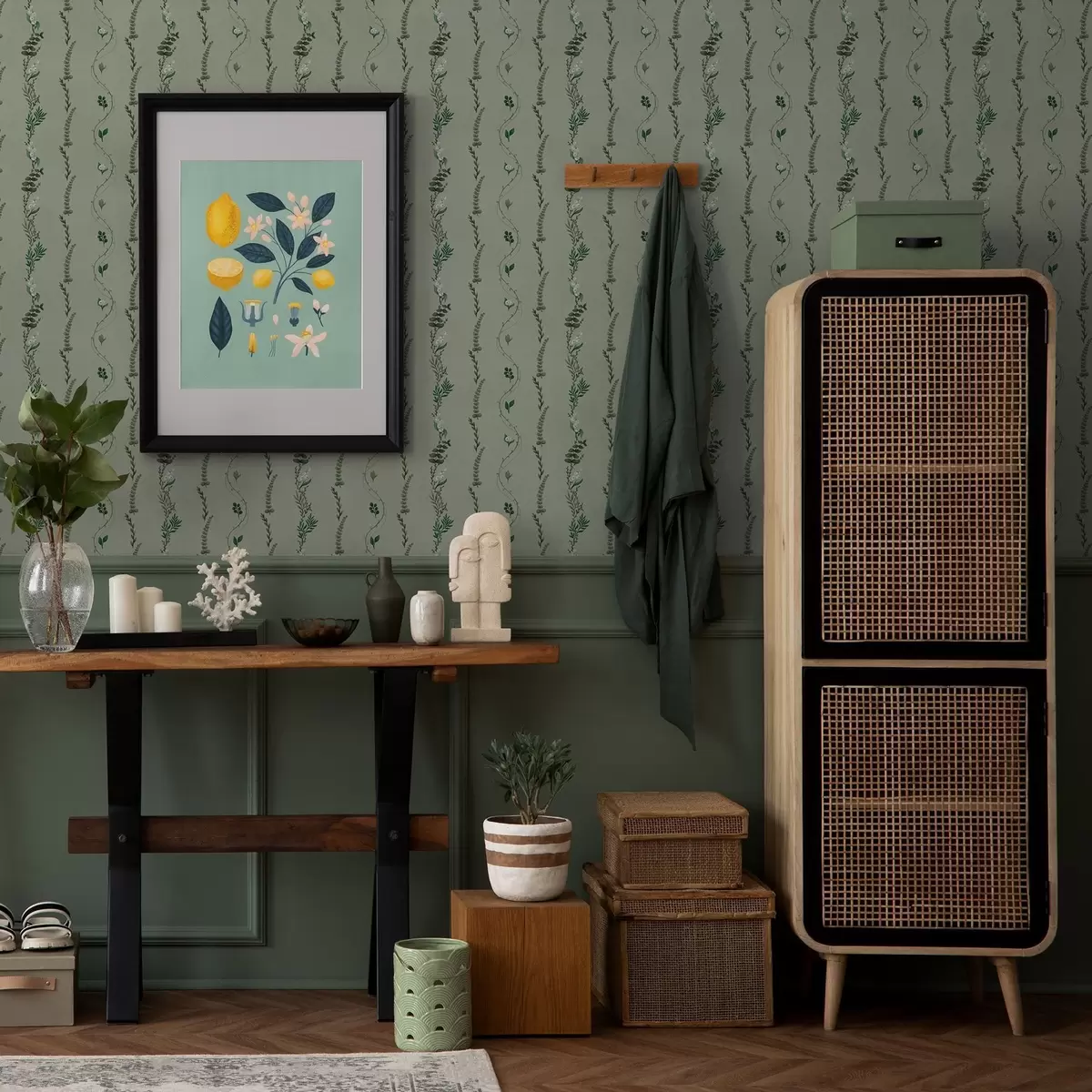 Papier peint Vignes verticales et brins sur fond vert discret a00817v1