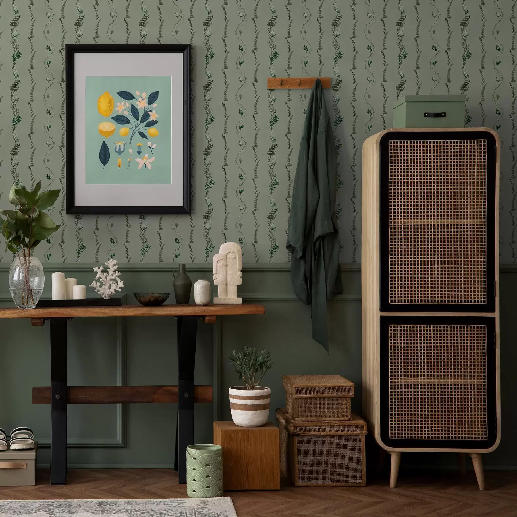 Wall Mural Photo Wallpaper Vertical vines and sprigs on muted green a00817v1