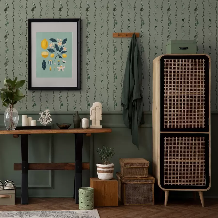 murales Enredaderas verticales y ramitas en verde apagado a00817v1