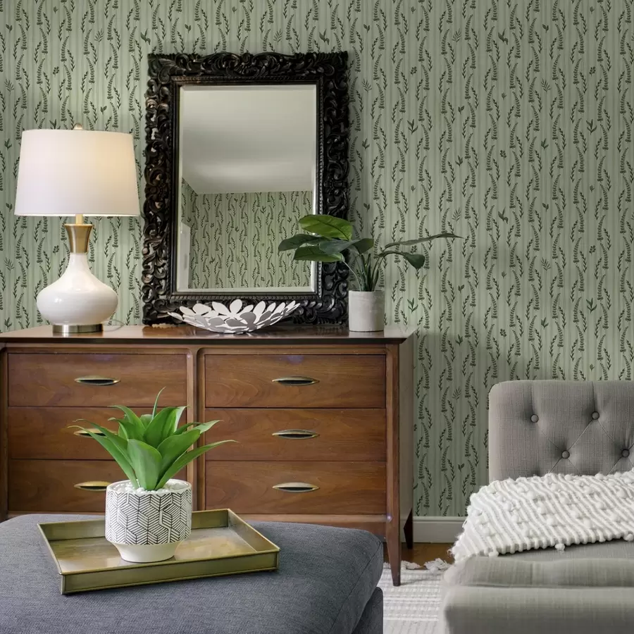 murales Hierbas verdes densas y brotes de menta con rayas a00819