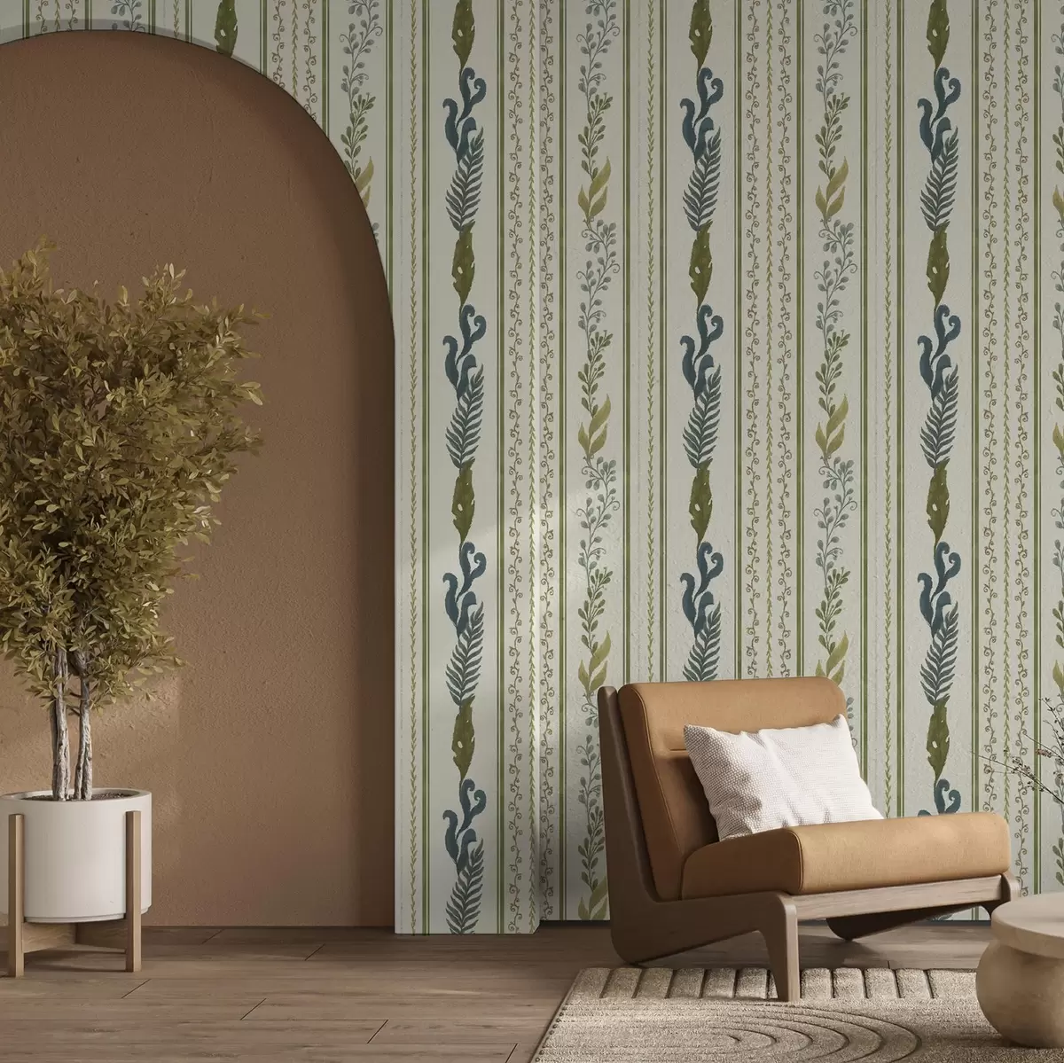 Wallpaper Stripes with scroll ornament and large branches in greens a00823