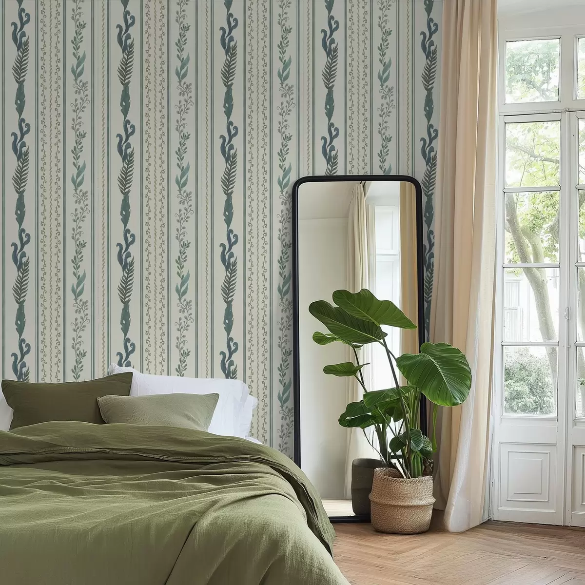 Papier peint Rayures avec des branches et des boucles sur un fond laiteux chaud a00823v2