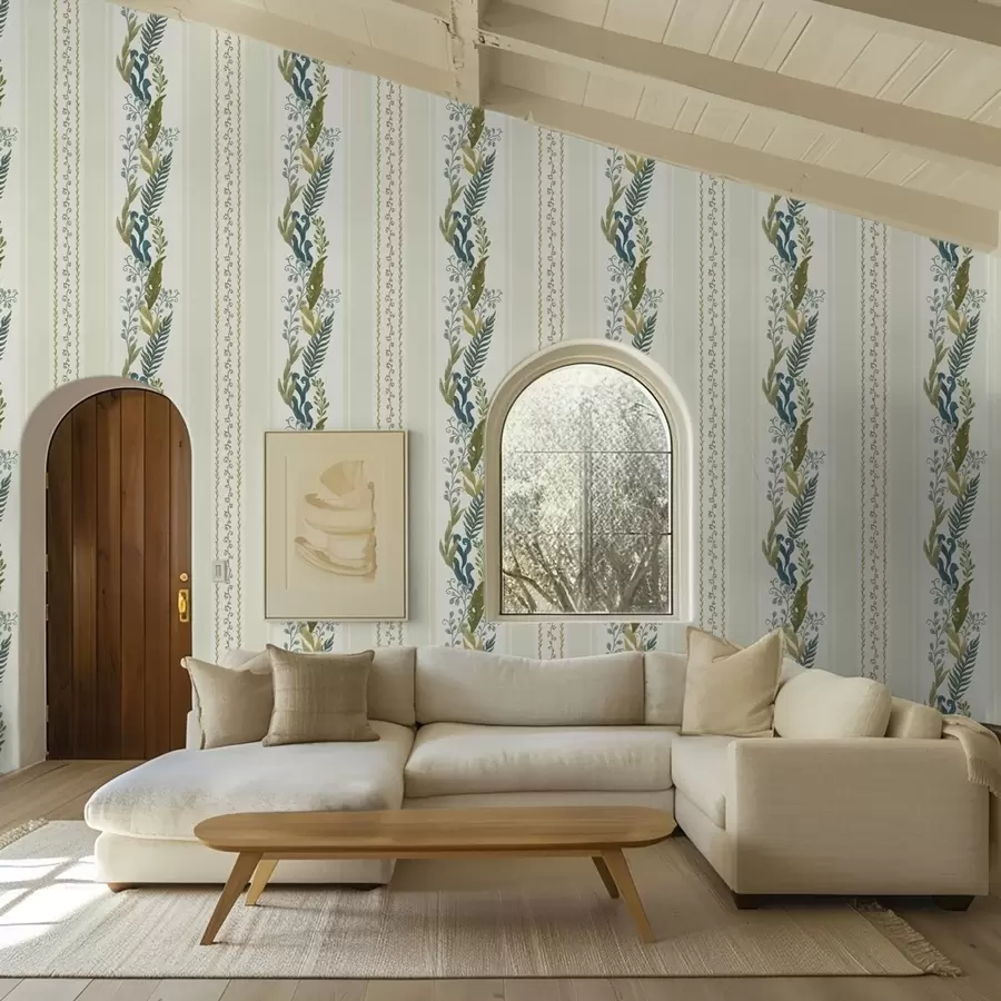 wall murals Wide stripes with painterly branches in blue-olive tones a00825
