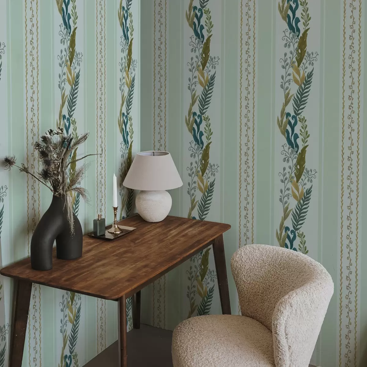 Wallpaper Wide stripes with painterly branches on soft mint a00825v1