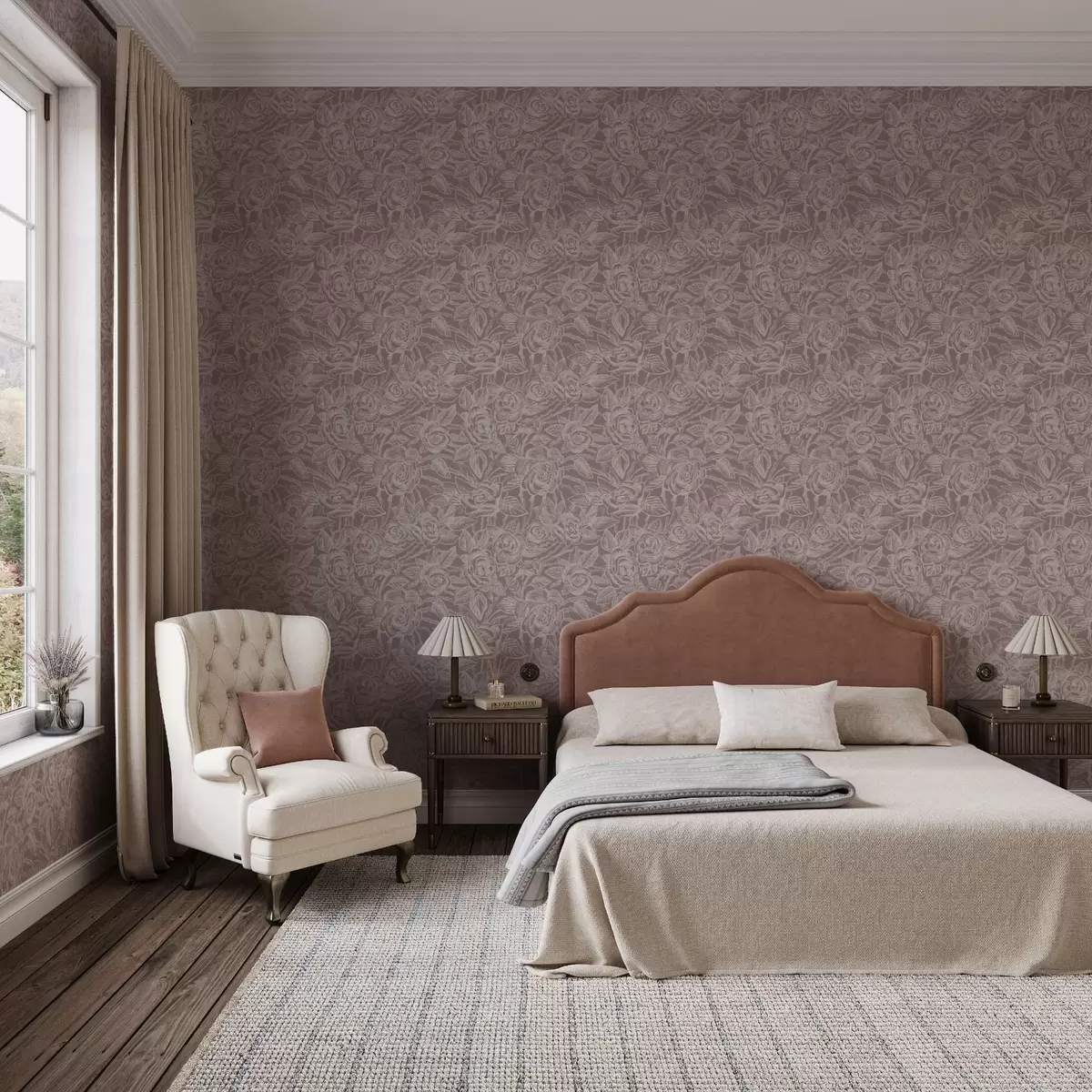 Wallpaper Engraved roses on deep gray-brown a00841