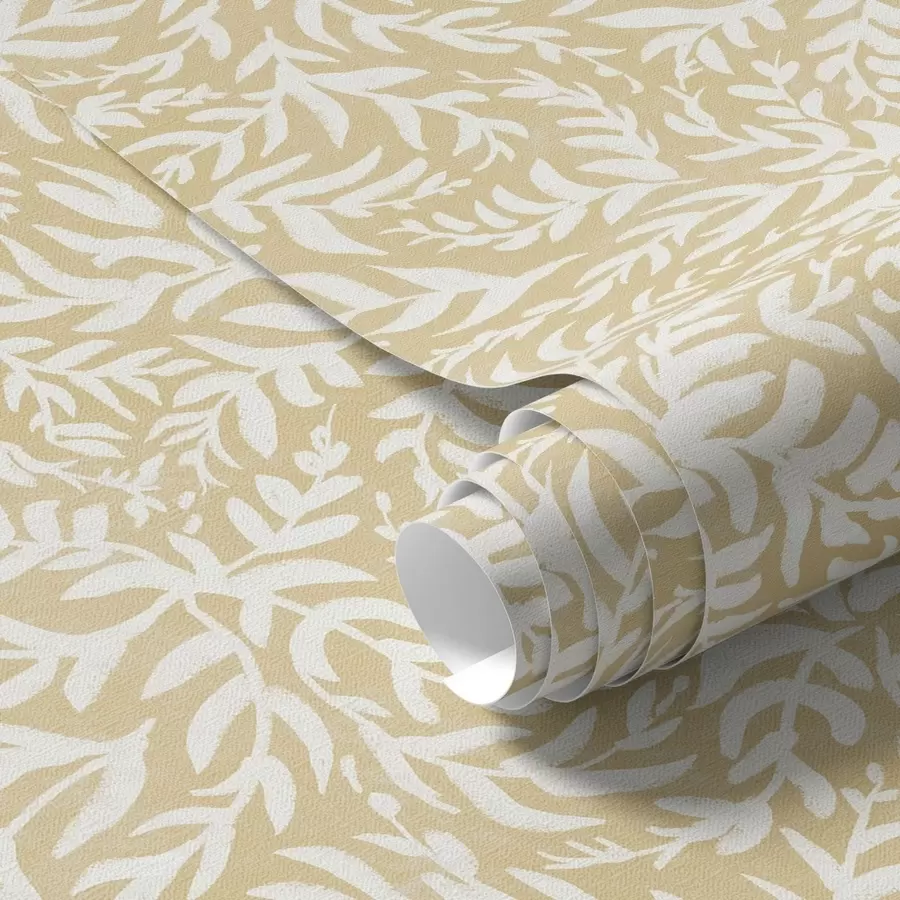 Wall Mural Photo Wallpaper White leaf pattern on warm ochre, swirling rhythm a00845