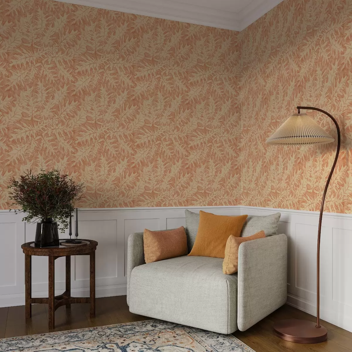 Wallpaper Large oak leaves in terracotta on cream a00846