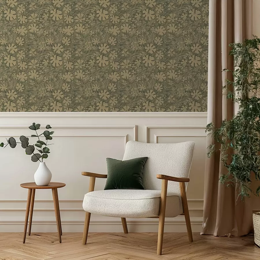 murales Hojas y hierbas de campo en tonos gris oliva a00847v1