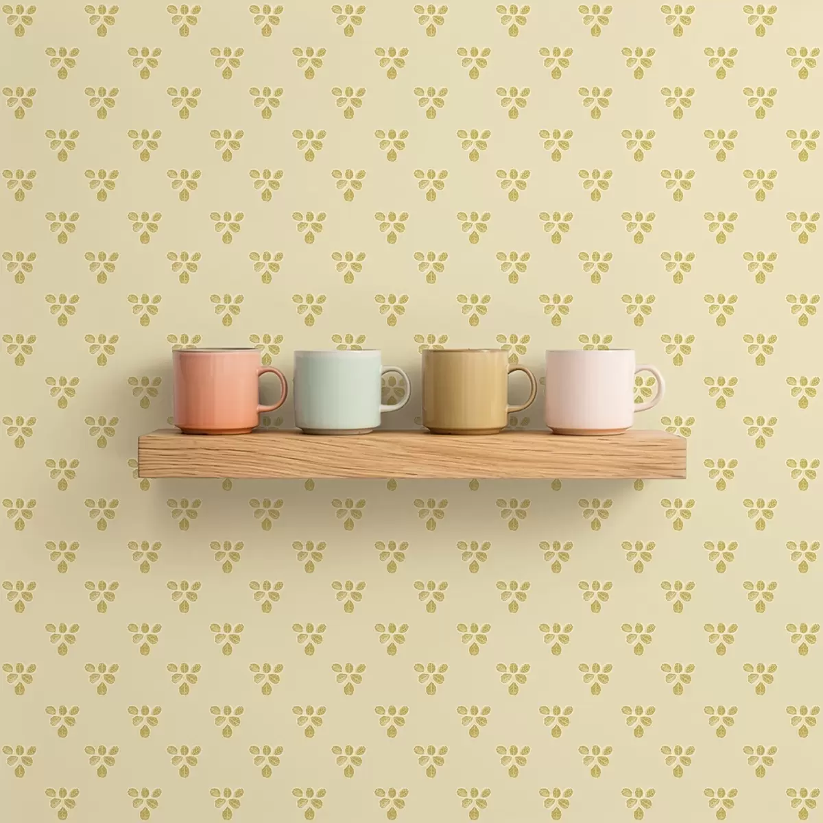 Wallpaper Small repeat: trios of leaves on cream-beige a00848