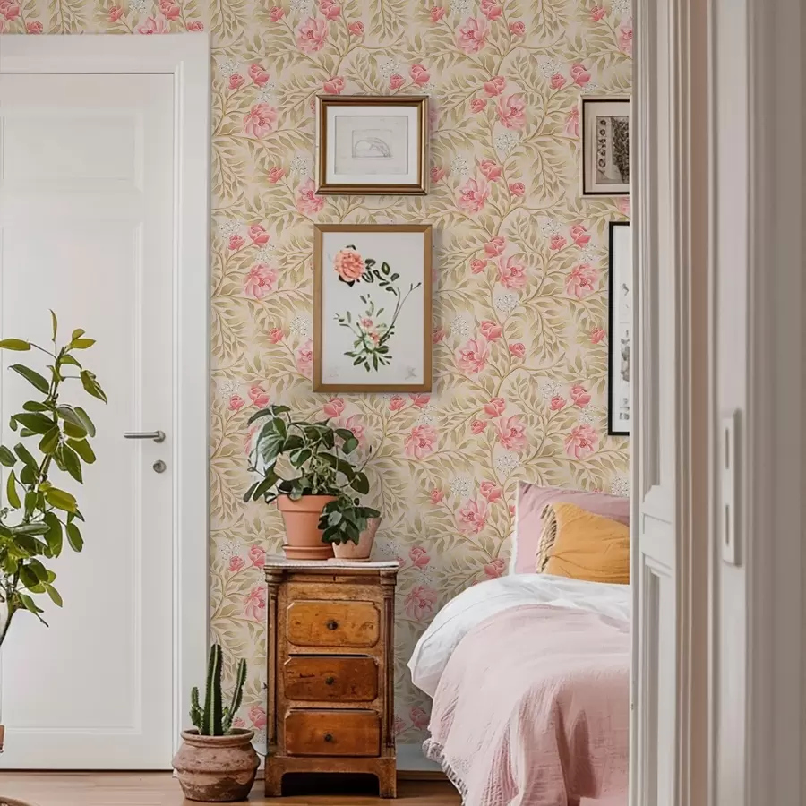 wall murals Pink flowers, white blossom and ochre-toned foliage a00855