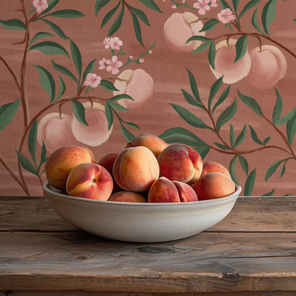 Wallpaper Peaches on branches with pink blossom, terracotta ground a00856