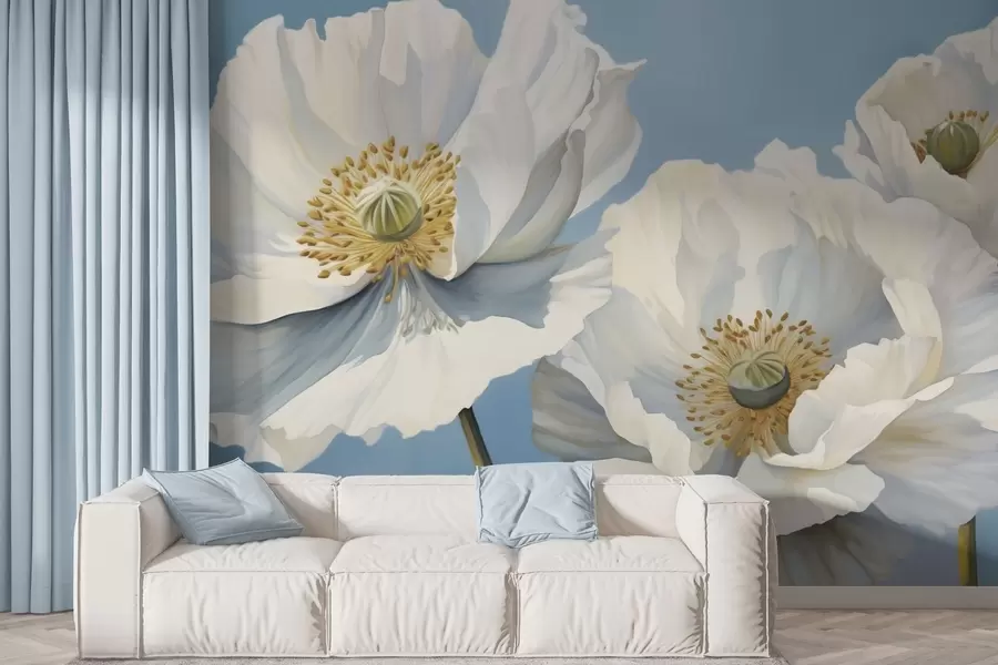 Wall Mural Photo Wallpaper White poppies with large petals on a sky-blue background w04786