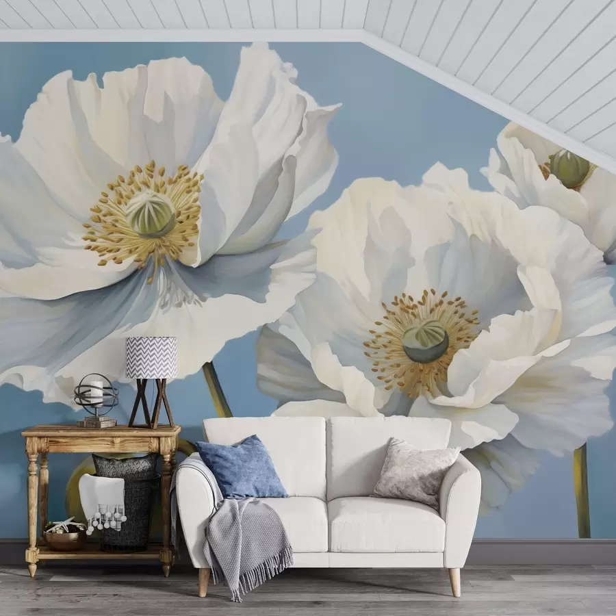 Wall Mural Photo Wallpaper White poppies with large petals on a sky-blue background w04786