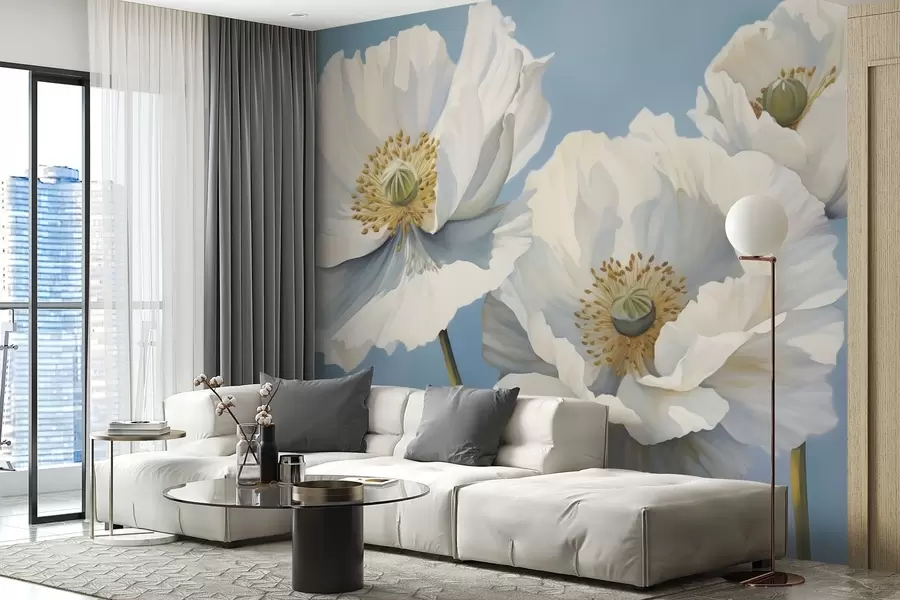 murales Amapolas blancas con pétalos grandes sobre un fondo azul cielo w04786