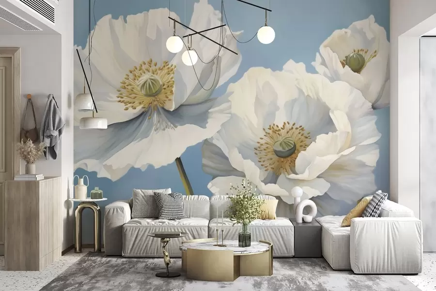 Wall Mural Photo Wallpaper White poppies with large petals on a sky-blue background w04786