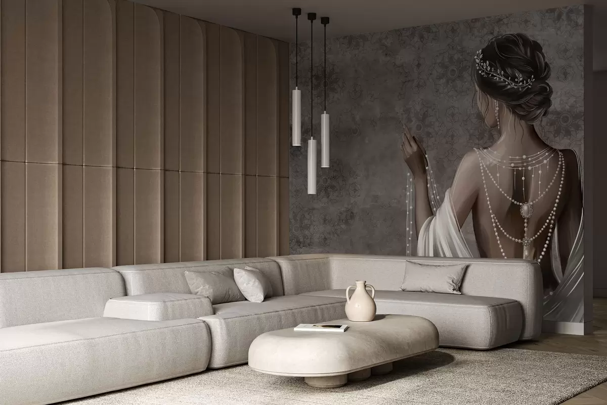 wall murals Woman seen from behind with pearls, gray stone-patterned backdrop w04854