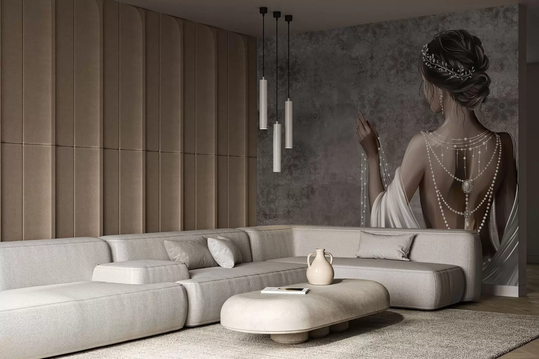 Wall Mural Photo Wallpaper Woman seen from behind with pearls, gray stone-patterned backdrop w04854